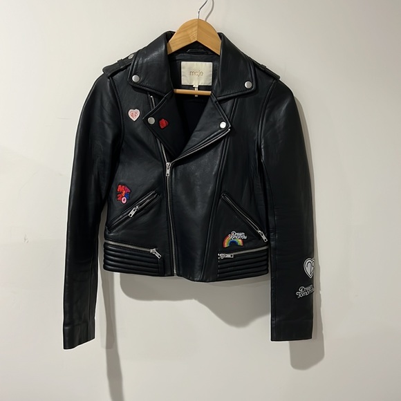 • Maje • Beliz Appliquéd Patches Leather Biker Jacket Black Asymmetrical Zip 36 - Picture 4 of 7